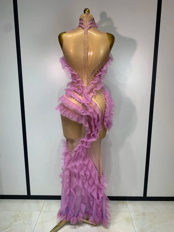 Violetta Rhinestone Mesh Ruffle Maxi Dress