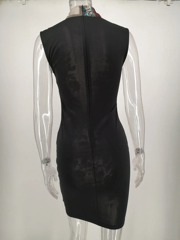 Iseult Sheer Mesh Floral Sequin Plunge Bodycon Mini Dress