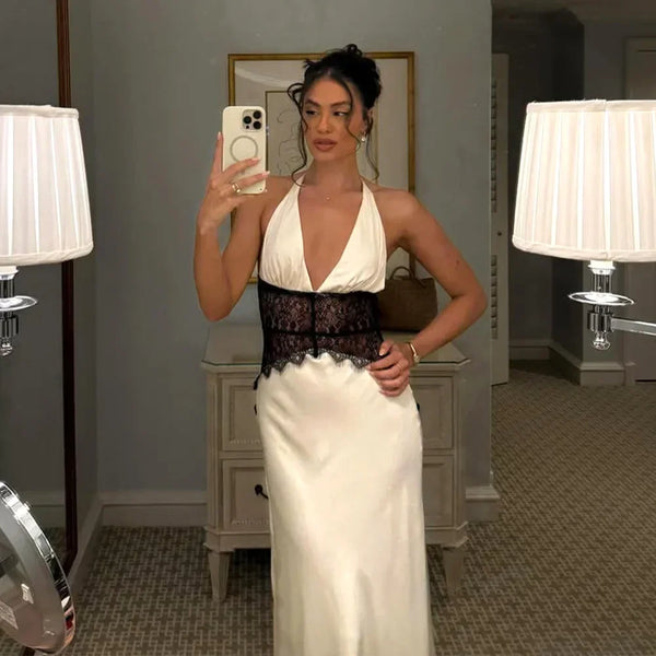 Pervinca Lace-Panel Satin Plunge Halter Backless Maxi Dress