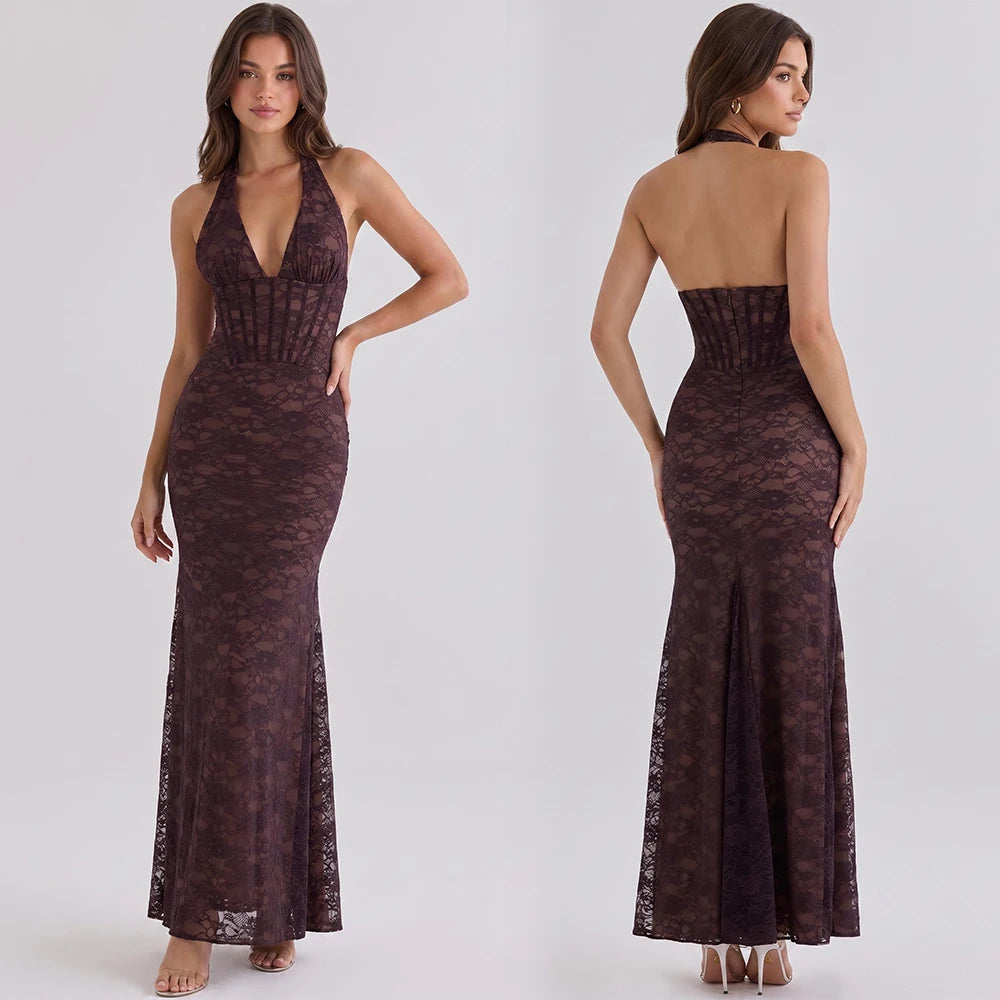Evadne Vintage Brown Lace Halter Maxi Dress Main image