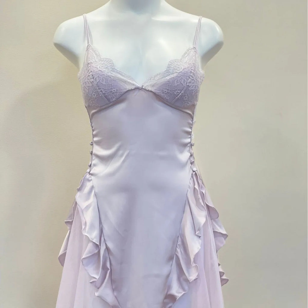 Noelle Lace-Trim Velvet Ruffle Backless Mini Nightgown