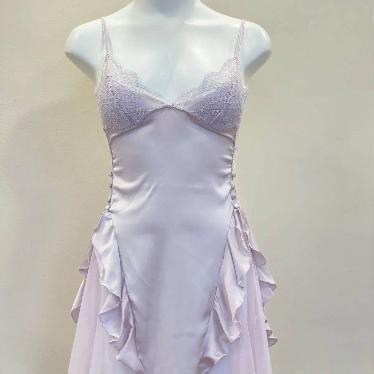 Noelle Lace-Trim Velvet Ruffle Backless Mini Nightgown