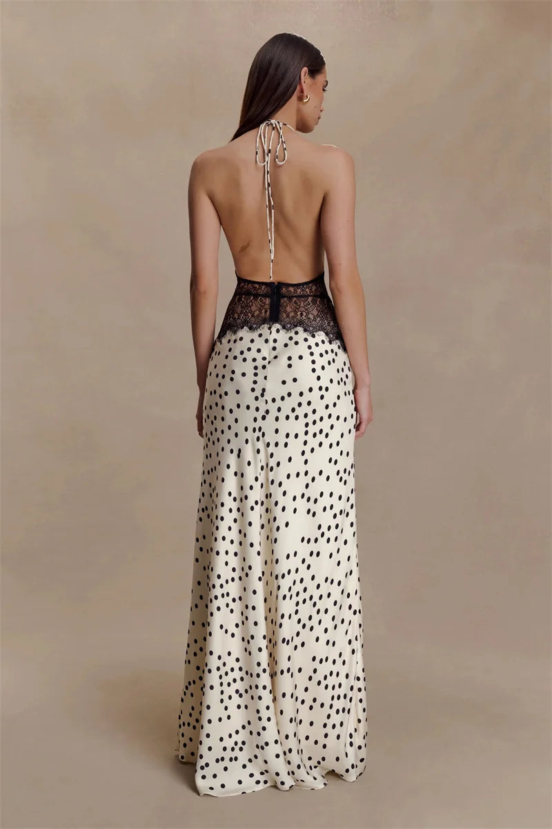 Cecelia Noir Lace Polka Halter Maxi Dress