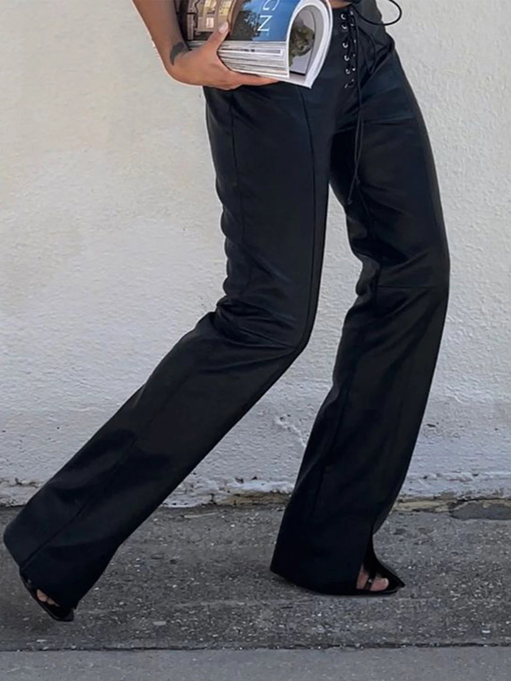 Jovanka Lace-Up Front Faux Leather Wide-Leg Pants One-piece
