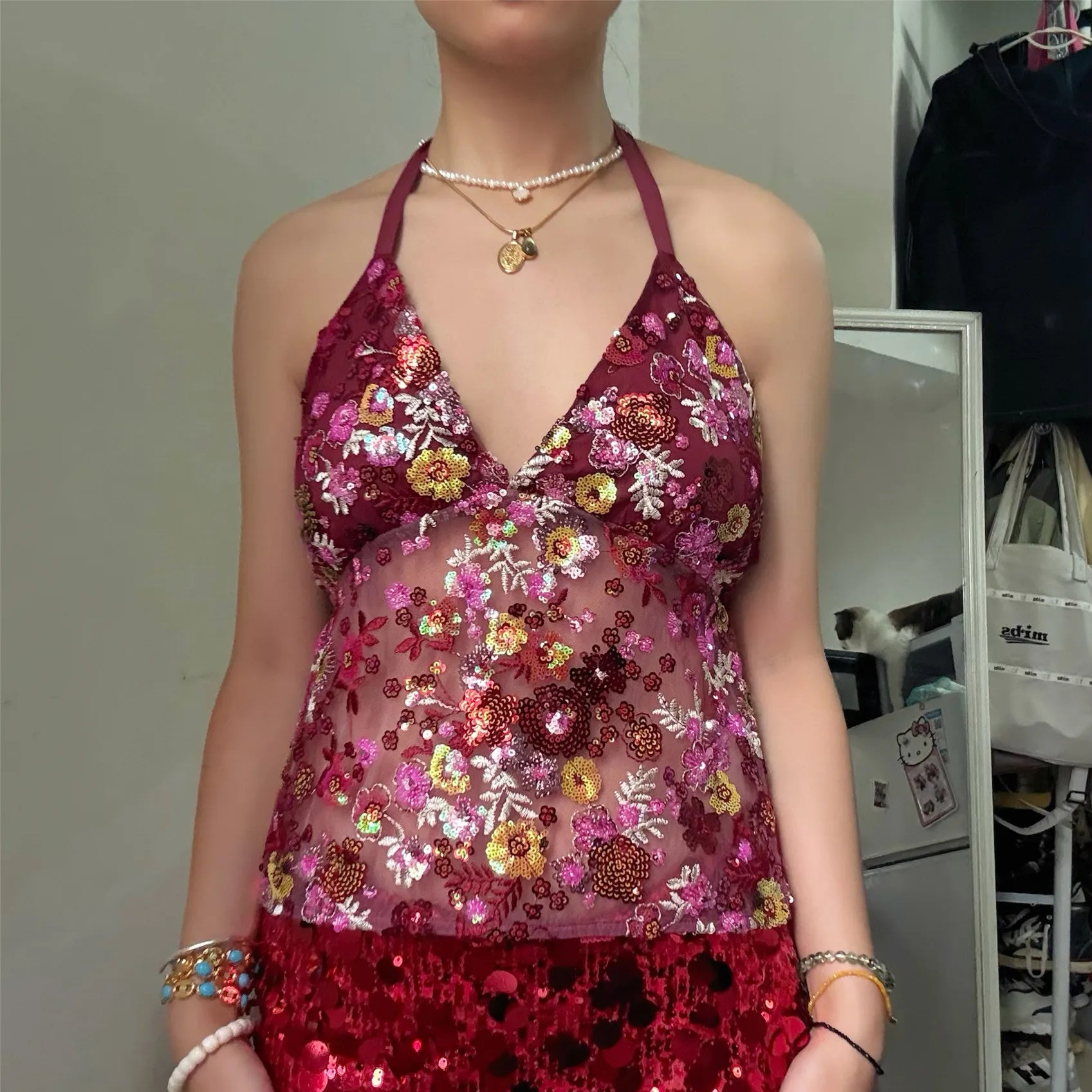 hirigin Sequin Halter Top for Women Sexy Deep V Neck Beaded Tops Sparkly Glitter Tank Top Going Out Rave Outfits Party Clubwear