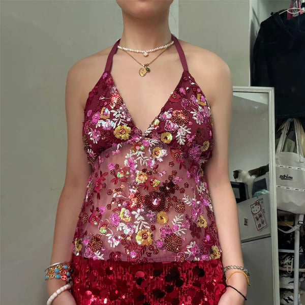 hirigin Sequin Halter Top for Women Sexy Deep V Neck Beaded Tops Sparkly Glitter Tank Top Going Out Rave Outfits Party Clubwear