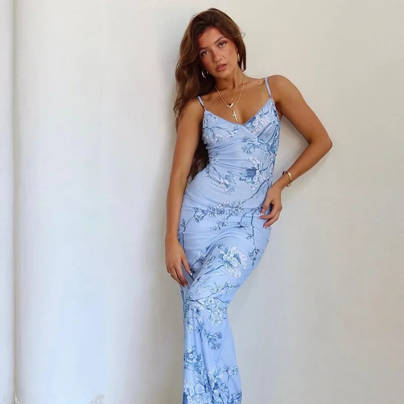 Adalgisa Floral Print V-Neck Cami Backless Bodycon Maxi Dress