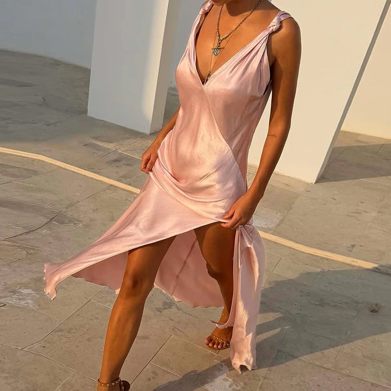 Solenne Satin V-Neck Backless Slit Maxi Dress