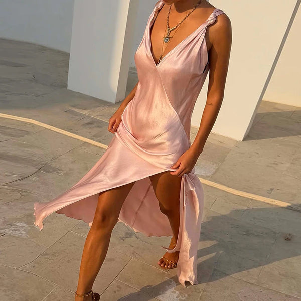 Solenne Satin V-Neck Backless Slit Maxi Dress