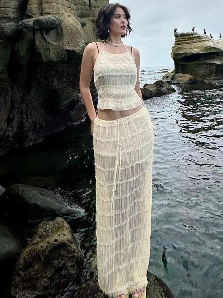 Oksana Sheer Crinkle Mesh Halter Lace-Up Crop Top & Maxi Skirt Two-piece