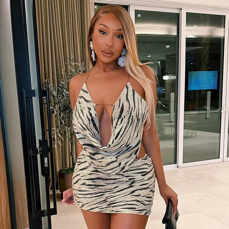 Zahara Zebra-Sequin Backless Mini Skirt Set Two-piece