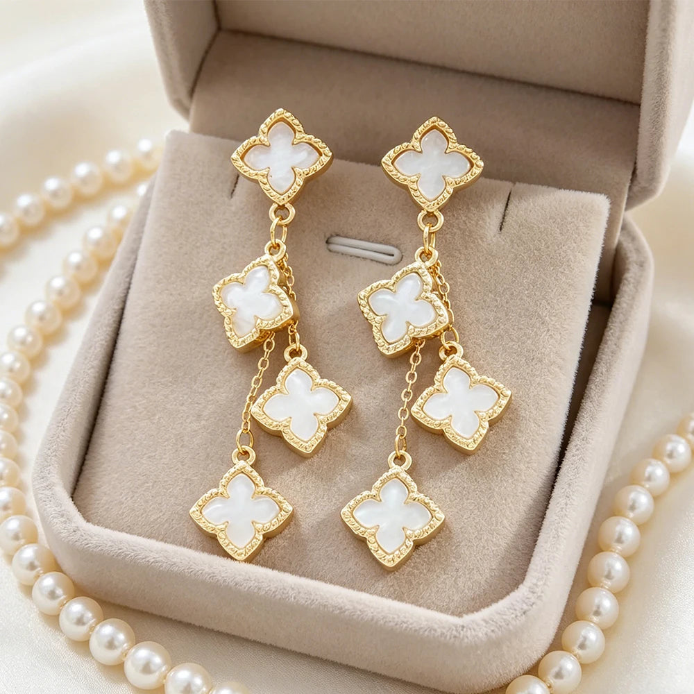 Camellia Shell-Inlay Clover Drop Earrings