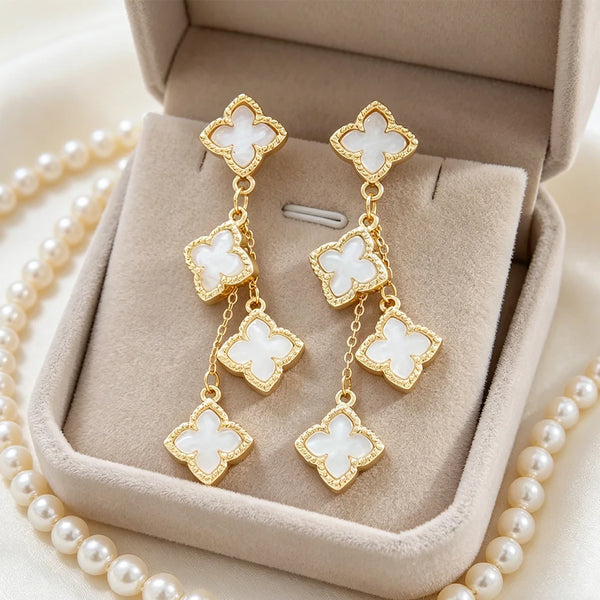 Camellia Shell-Inlay Clover Drop Earrings