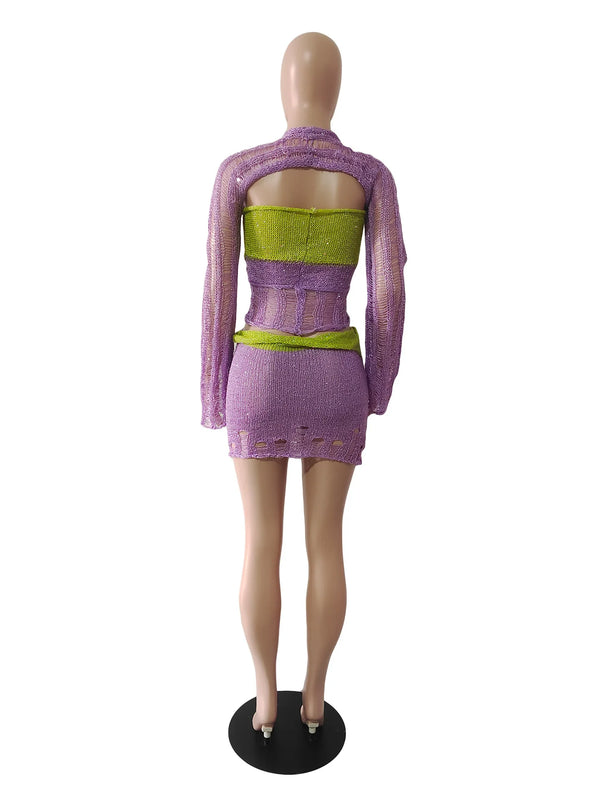 Marisela Sequin Crochet Knit Tie-Front Crop Top & Mini Skirt Two-piece