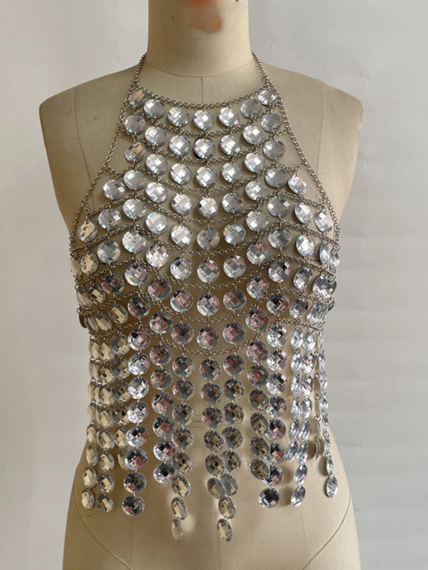 Astra Silver Rhinestone Chain Corset Crop Top
