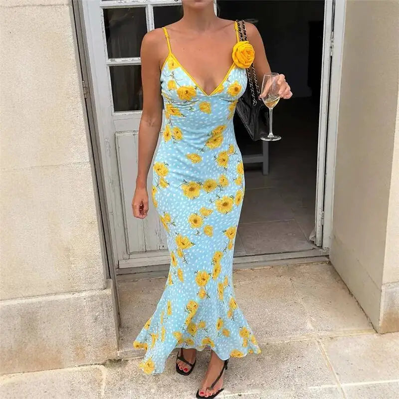 Etta Floral V-Neck Backless Maxi Dress