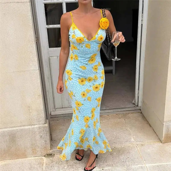 Etta Floral V-Neck Backless Maxi Dress