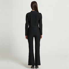 New  Autumn Casual Women Bandage 2 Two Pieces Sets Sexy Long Sleeve Button Coat &amp; Full Pants Black O Neck Club Party Set