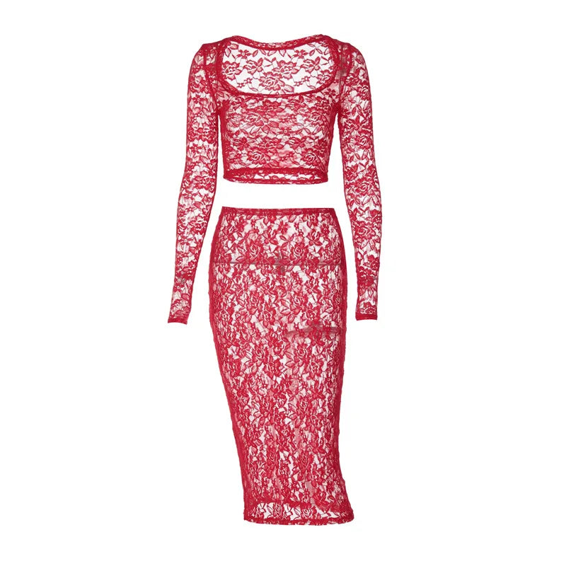 Valentina Red Lace Long-Sleeve Maxi Skirt Set Two-piece