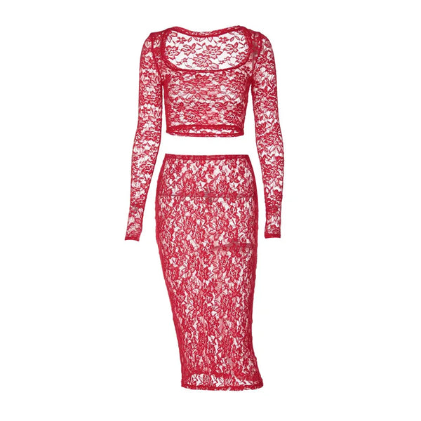 Valentina Red Lace Long-Sleeve Maxi Skirt Set Two-piece