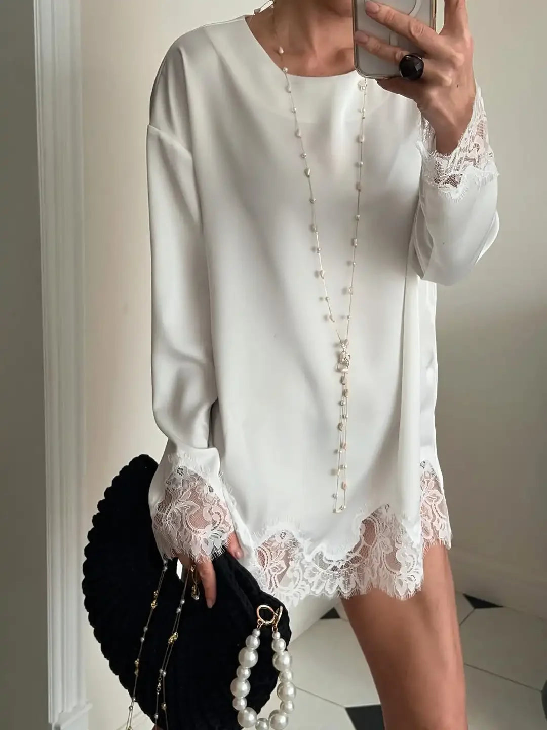 Amara Satin Lace Long-Sleeve Mini Dress