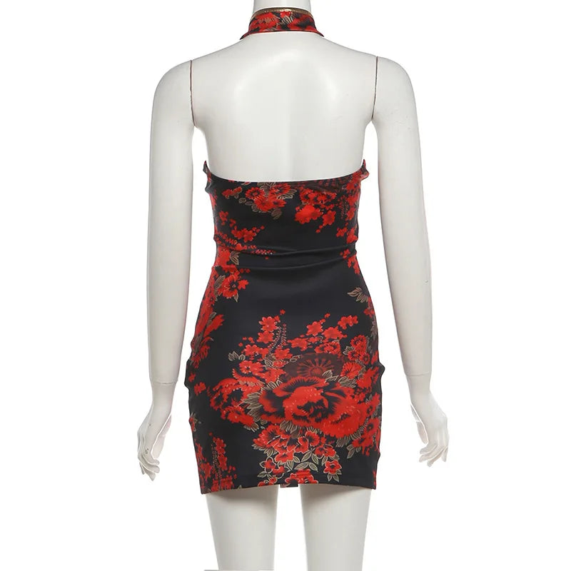 Wanda Red Floral Halter Plunge Cut-Out Bodycon Mini Dress