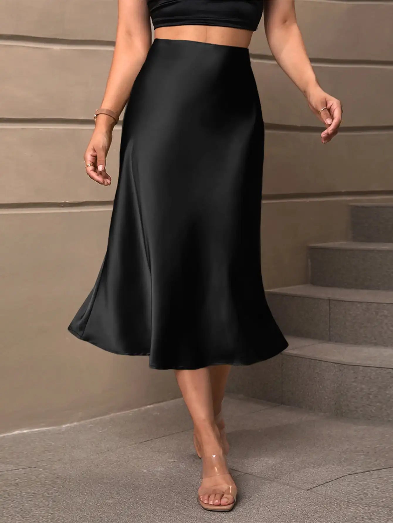 European and American style satin skirt, elegant spring and summer style, polyester mid length A-line skirt