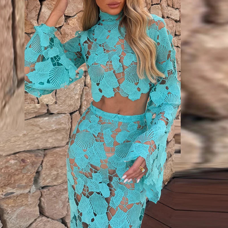 Yolande Lace Bell-Sleeve Crop Top & Mermaid Maxi Skirt Two-piece