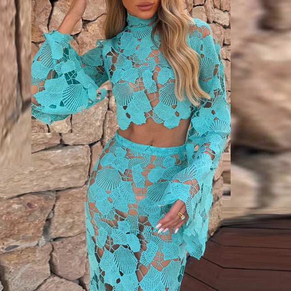 Yolande Lace Bell-Sleeve Crop Top & Mermaid Maxi Skirt Two-piece