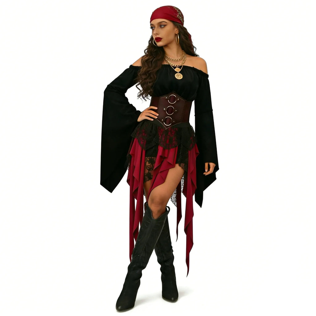 Isadora Pirate Costume Separates: Off-Shoulder Top, Tattered Skirt & Accessories