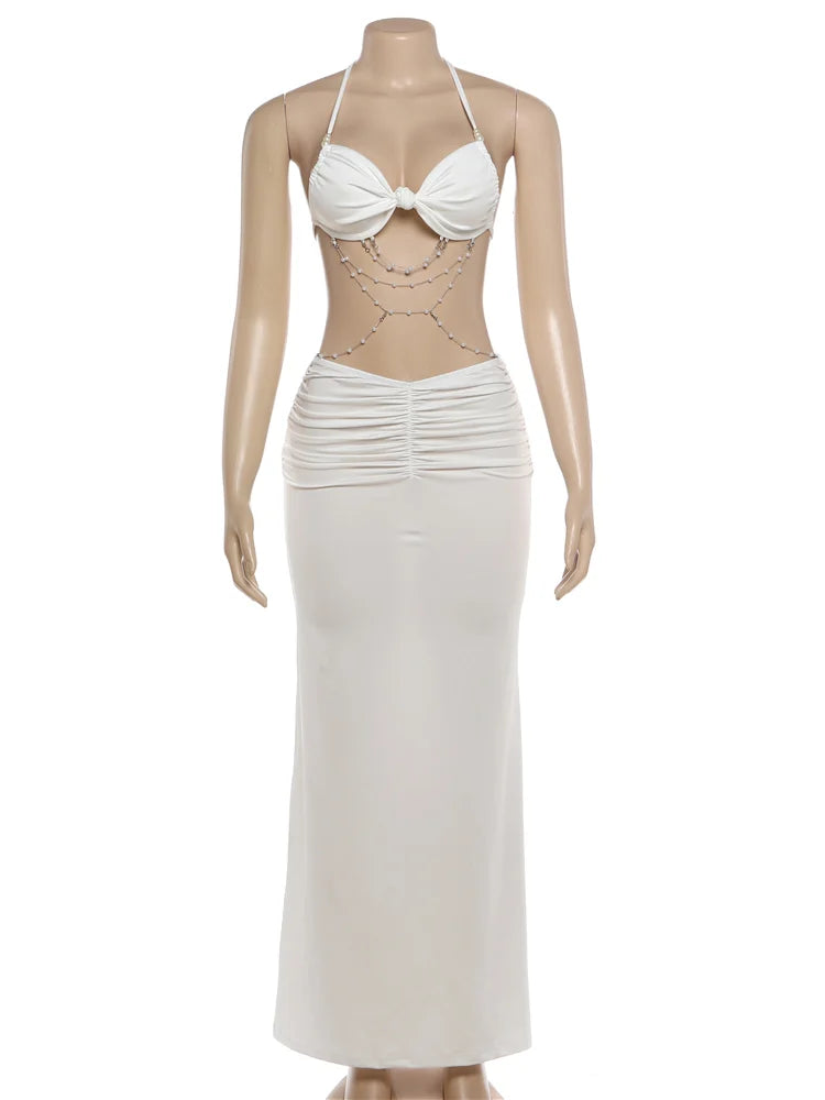 Blythe Lace Beaded Halter Maxi Skirt Set Two-piece