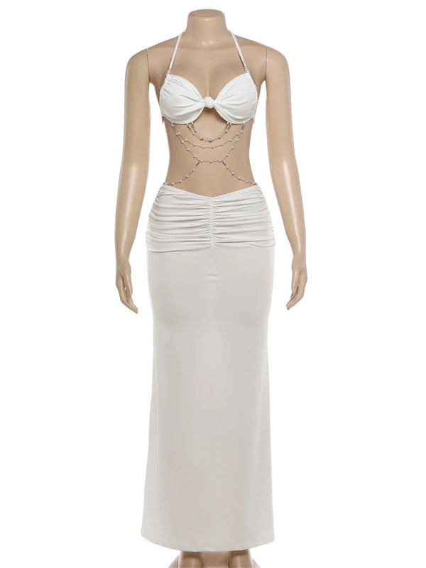 Blythe Lace Beaded Halter Maxi Skirt Set Two-piece