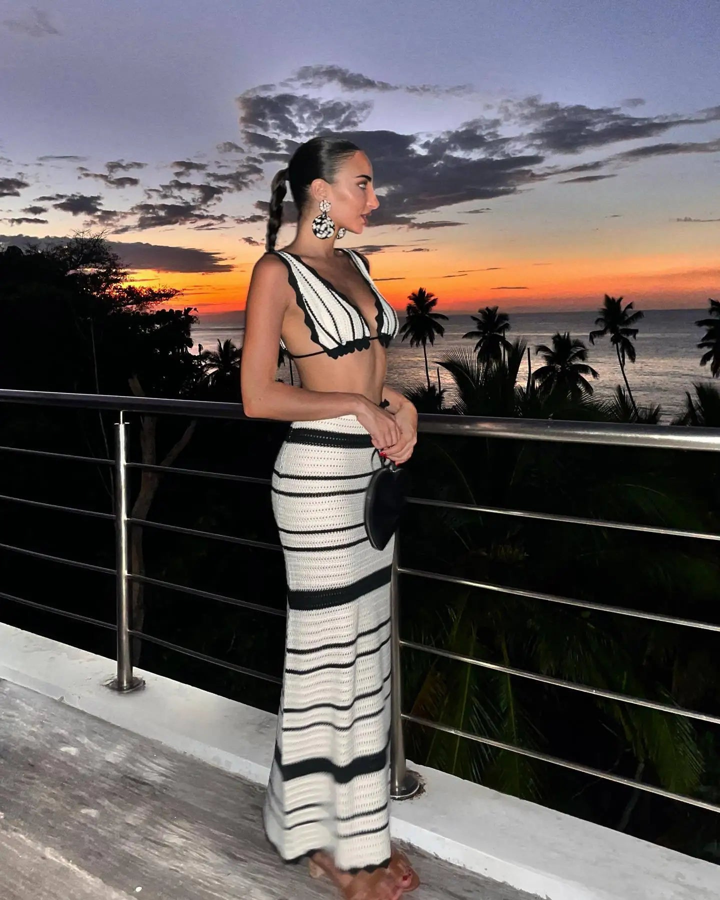 Monique Striped Knit Halter Maxi Skirt Set Two-piece