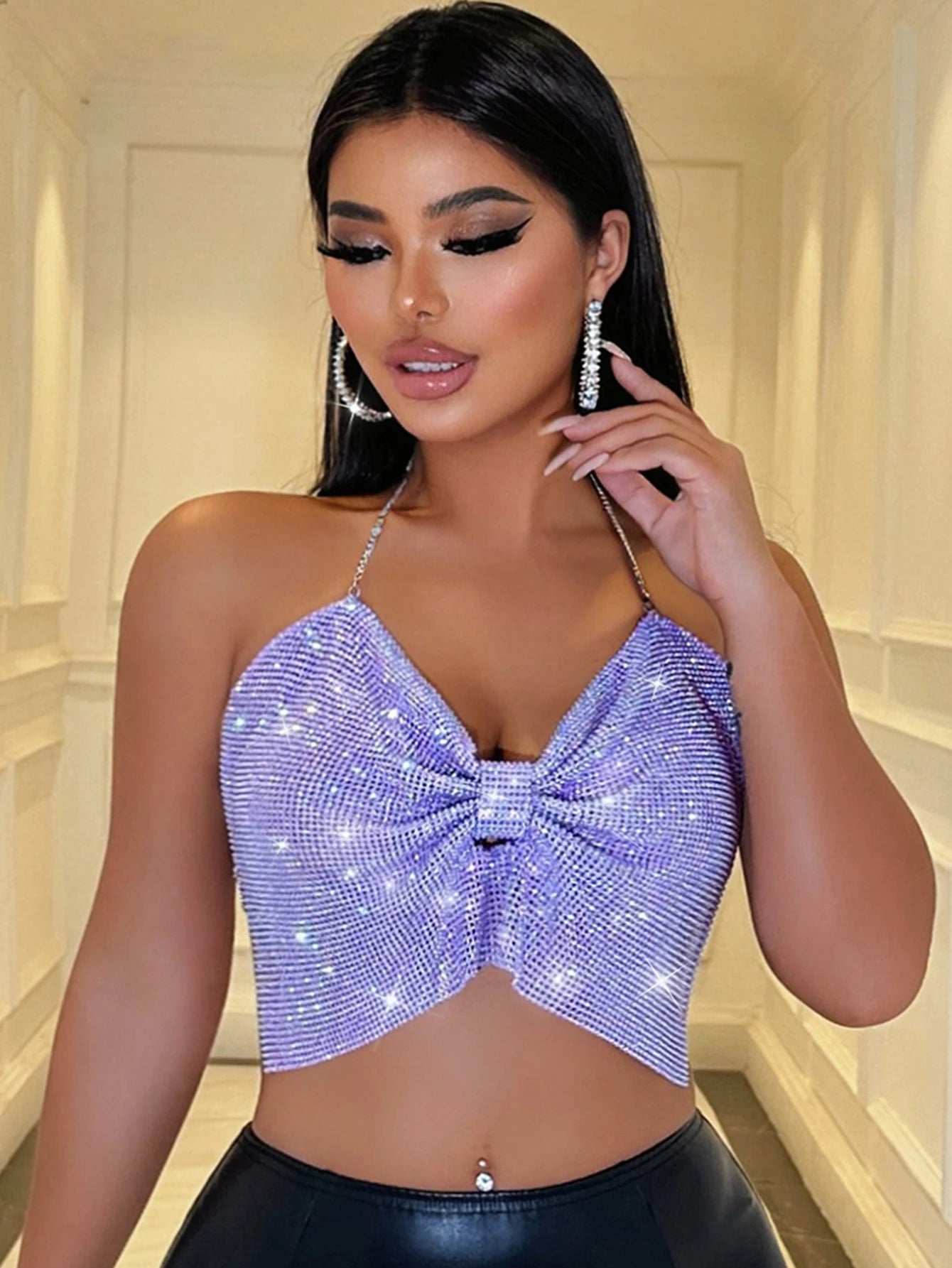 Zaria Purple Rhinestone Backless Corset Crop Top