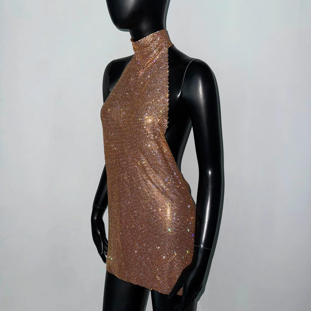 Faye Sparkling Metal Backless Mini Dress