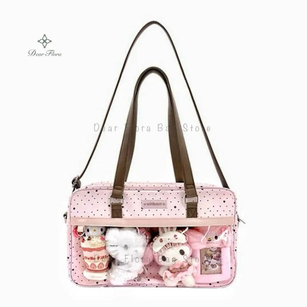 New Cute Large Capacity Lace Ita Bag Lolita Girls Transparent Pocket Y2k DIY Badge Display Shoulder Bag Casual Polka Dot Handbag