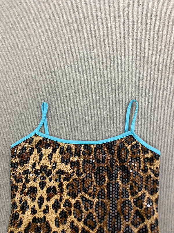 Y2K Spicy Girl Style Leopard Print Sequin Contrasting Camisole Fashionable Aesthetics Sexy Slim Sleeveless Vest Women's Clothing