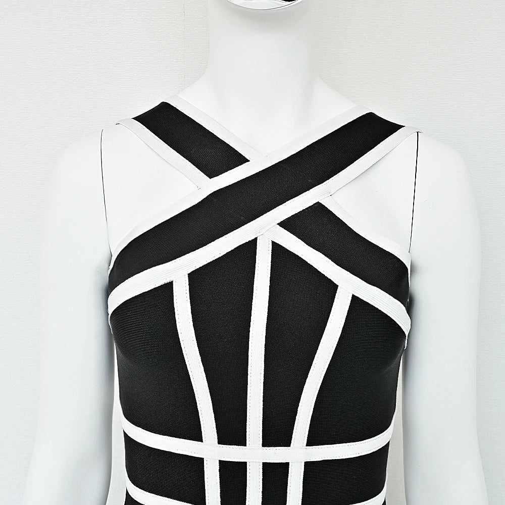 BEAUKEY Classic White And Black Stripes Bandage Long Evening Dress Luxury Contrast Vintage Woman Bodycon Elastic Dress Slim Midi