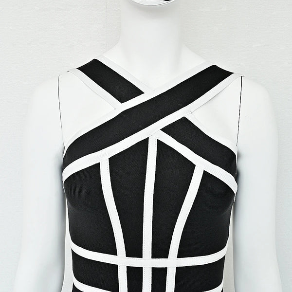 BEAUKEY Classic White And Black Stripes Bandage Long Evening Dress Luxury Contrast Vintage Woman Bodycon Elastic Dress Slim Midi