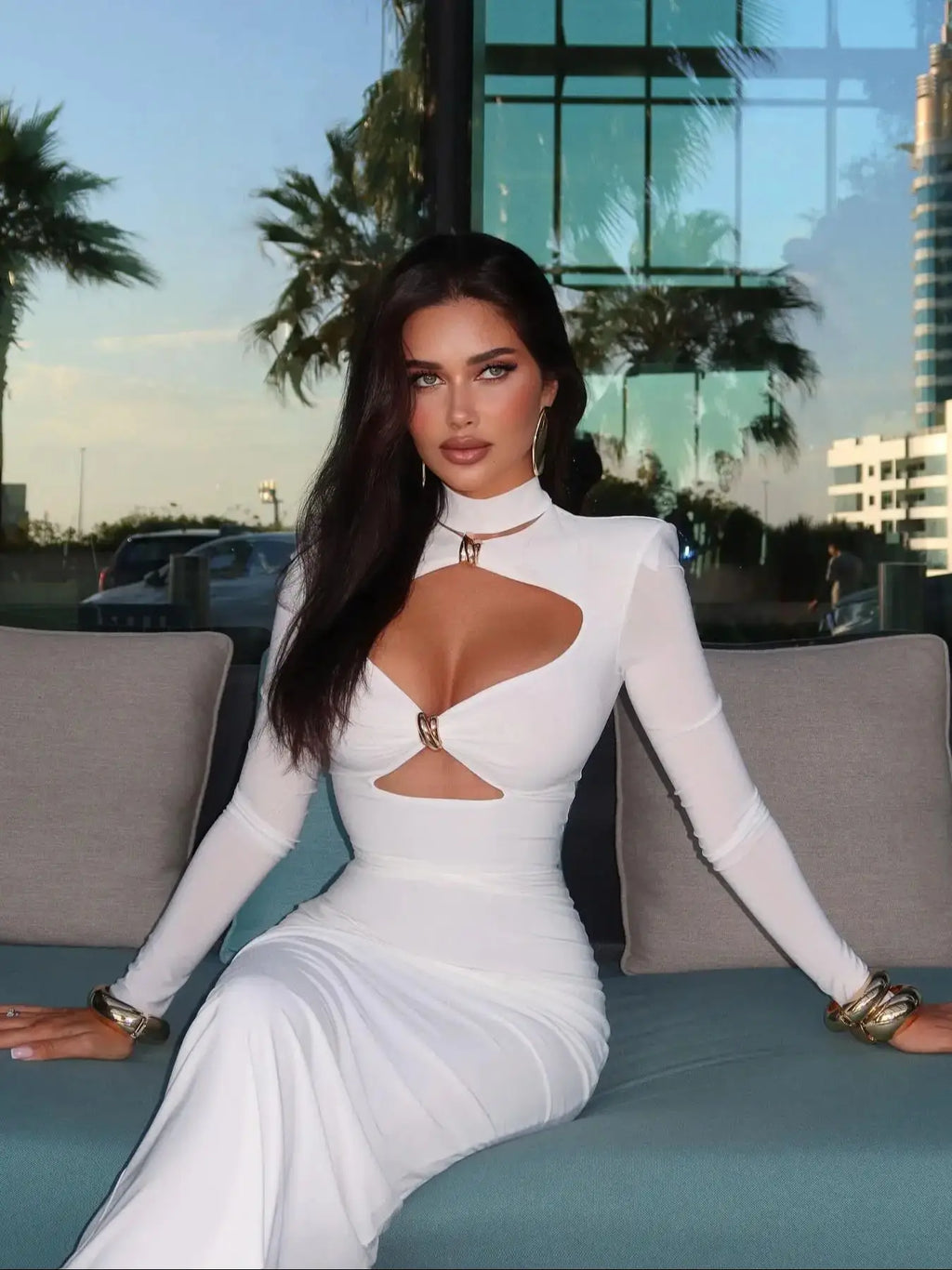 Nadia Long-Sleeve Cutout Column Maxi Dress