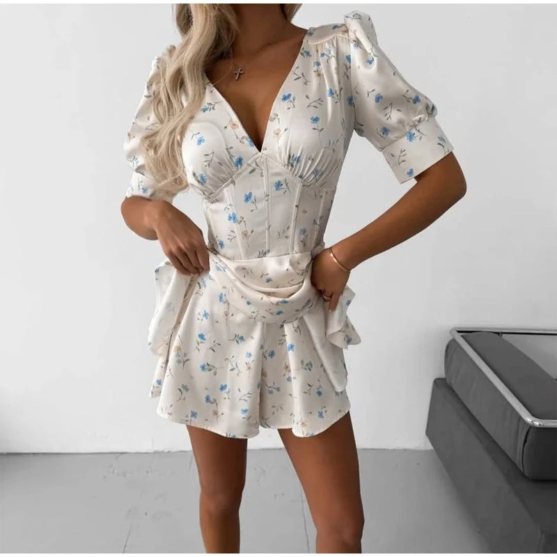 Fleur Printed Satin Puff-Sleeve Mini Dress