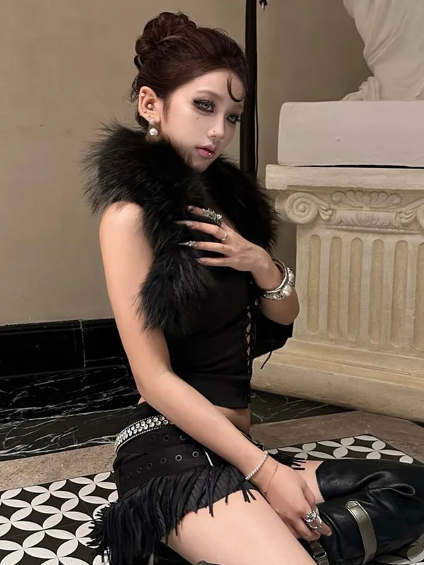 Raven Faux Fur Lace-Up Apparel Top