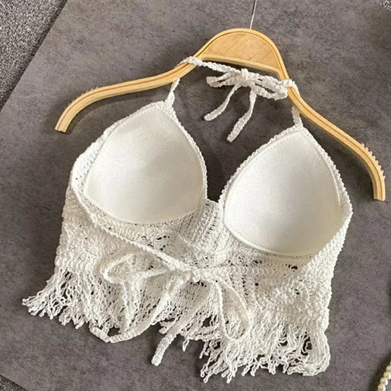 Soleil Crochet Tassel Halter Beach Crop Top One-piece