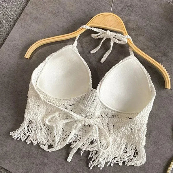Soleil Crochet Tassel Halter Beach Crop Top One-piece
