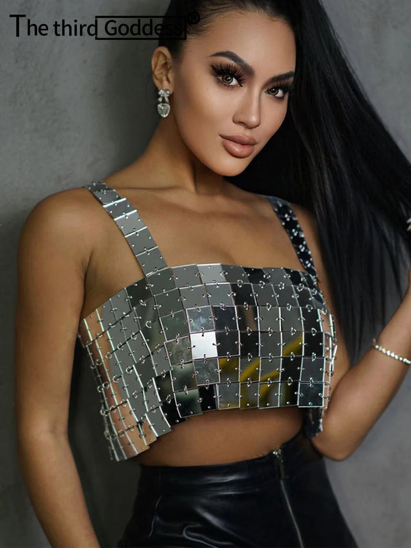 Sexy halter Metal sequin crop top women summer glitter beach club party tank top y2k streetwear womens tops hotwife rave outfits