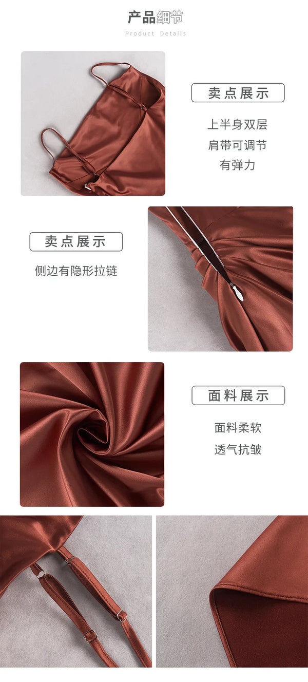 New Asia Ruched Satin Summer Dress Drawstring Spaghetti Straps Cowl Neck Backless Long Dresses for Women Party Sexy Vestidos