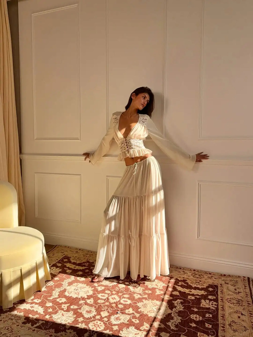 Aurelia Chiffon Lace Long-Sleeve Maxi Skirt Set Two-piece