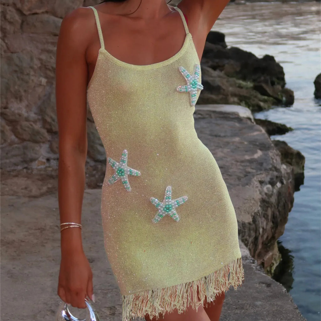 Ondine Beaded Starfish Tassel Knit Mini Dress