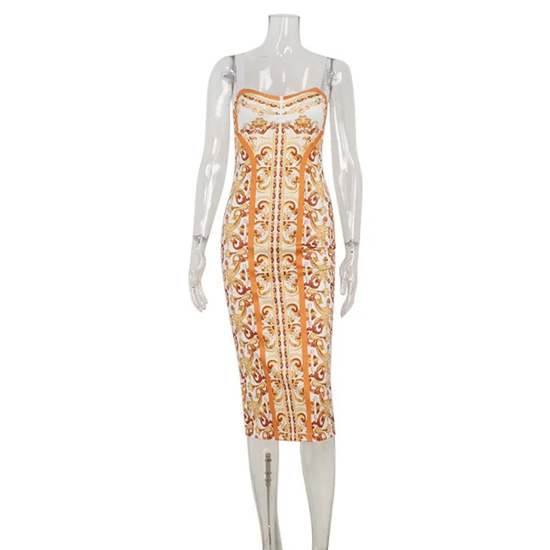 Valencia Baroque-Print Bodycon Midi Dress