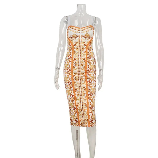 Valencia Baroque-Print Bodycon Midi Dress